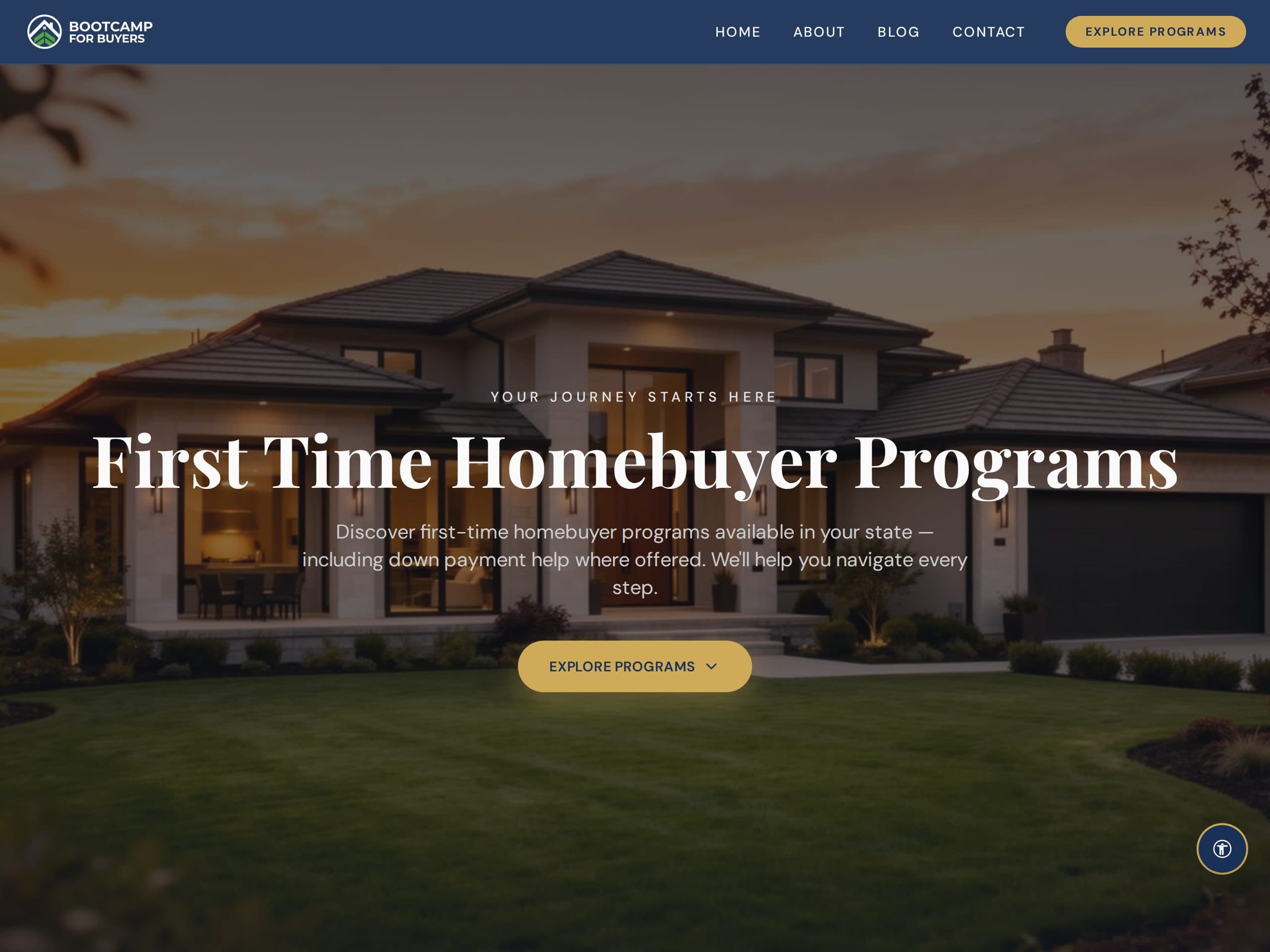 Screenshot of the Bootcamp For Buyers homepage — a homebuyer education program