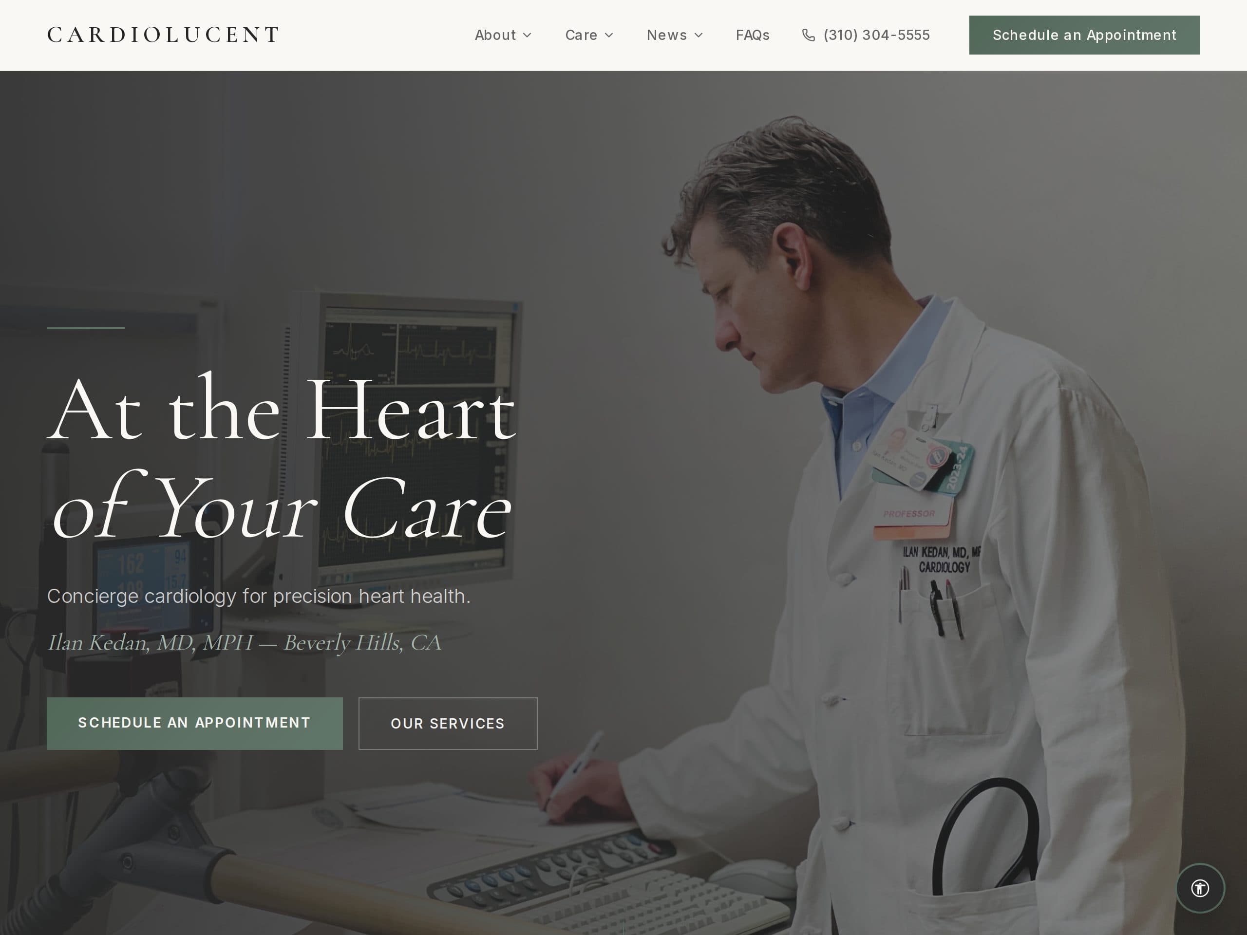 Screenshot of the Cardiolucent homepage — a concierge cardiology practice in Beverly Hills